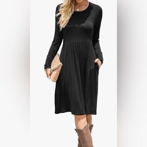 DB Moon long sleeve black dress empire waist with pockets knee length